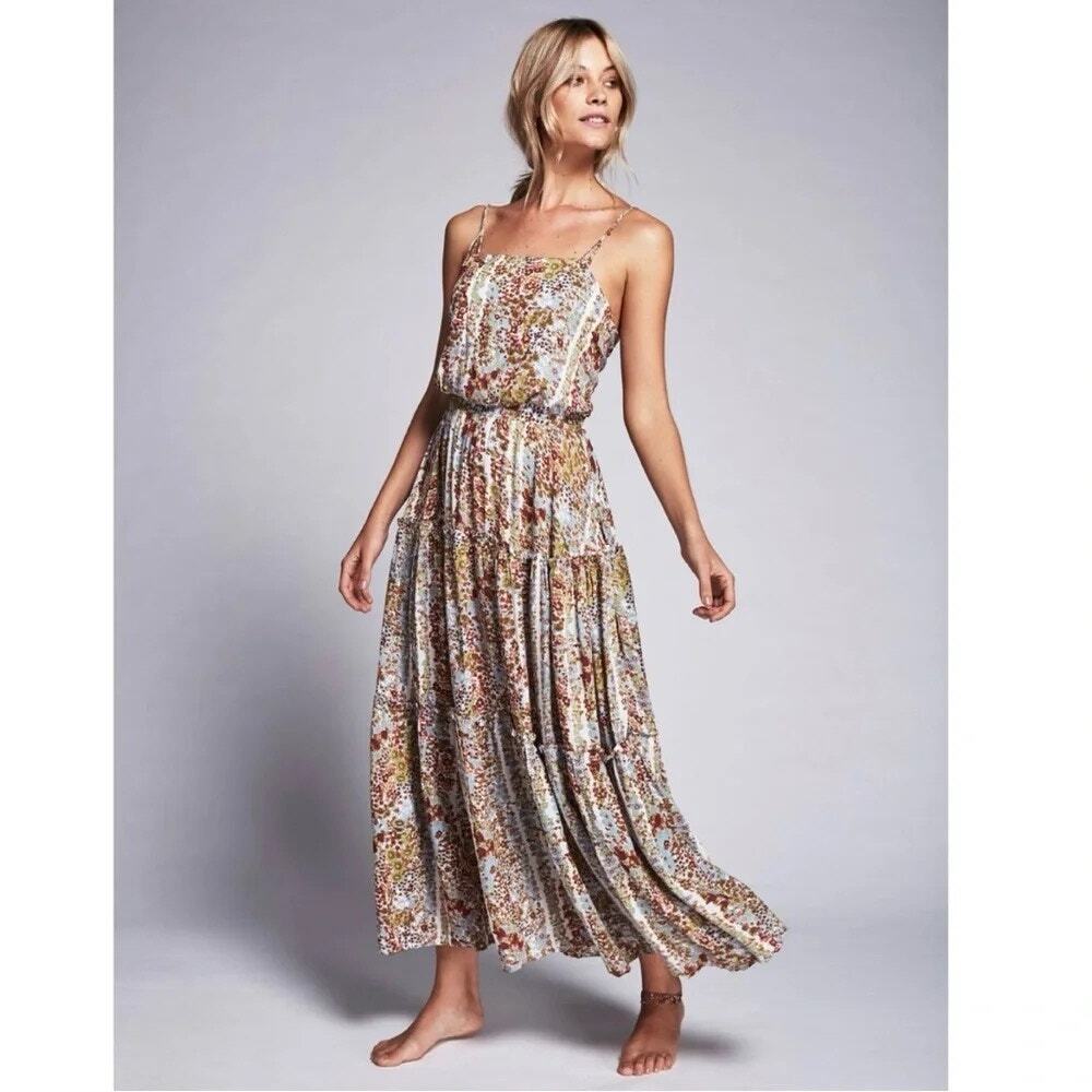 Free People Valerie Floral Tiered Maxi Dress Spaghetti Strap Open Back XS Fairy